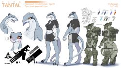 Rule 34 | abs, absurdres, armor, armored boots, blush, boots, character name, character sheet, claws, colored skin, crop top, digitigrade, embarrassed, expressions, closed eyes, from side, furry, grey skin, gun, helmet, highres, lizard tail, midriff, muscular, muscular female, open mouth, orange eyes, original, power armor, sat-v12, science fiction, slit pupils, standing, tail, tongue, tongue out, weapon