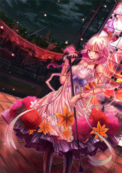 Rule 34 | 10s, 1girl, bare shoulders, black thighhighs, breasts, dress, guilty crown, hair ornament, hairclip, highres, jianren, long hair, looking at viewer, microphone, microphone stand, music, pink hair, red eyes, screen, singing, solo, thighhighs, tokyo tower, twintails, yuzuriha inori
