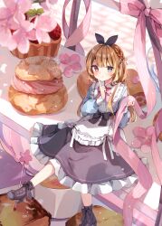 Rule 34 | 1girl, absurdres, black bow, blue eyes, blush, bow, brown hair, commentary, flower, food, hair bow, heart, heart-shaped pupils, heripiro, high heels, highres, long hair, long sleeves, looking at viewer, mini person, minigirl, nail polish, original, pastry, pink bow, red eyes, sitting, solo, symbol-only commentary, symbol-shaped pupils