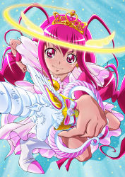 Rule 34 | 10s, 1girl, aikawa yousuke, antenna hair, blue background, boots, brooch, cure happy, cure happy (princess form), earrings, hoshizora miyuki, jewelry, knee boots, long hair, looking at viewer, magical girl, pink eyes, pink hair, pink skirt, precure, skirt, smile, smile precure!, solo, squatting, tiara, twintails, wand, white footwear