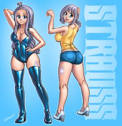 Rule 34 | 2girls, alternate costume, ass, bare shoulders, blue eyes, breasts, curvy, fairy tail, female focus, highres, large breasts, lisanna strauss, long hair, looking at viewer, looking back, mirajane strauss, multiple girls, short hair, shorts, siblings, sisters, smile, tattoo, thighhighs, white hair