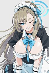 Rule 34 | 1girl, asuna (blue archive), blue archive, breasts, halo, highres, kazunari (likuro137), large breasts, maid, one eye closed, smile, solo, upper body