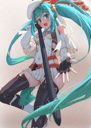 Rule 34 | 1girl, absurdres, asuka-w, belt, beret, blue hair, braid, chinese commentary, collar, commentary, fang, fingerless gloves, flag, gloves, goodsmile racing, hair between eyes, hair ornament, hat, hatsune miku, highres, holding, holding flag, medium hair, micro shorts, open mouth, racing miku, racing miku (2023), reaching, reaching towards viewer, ribbon, shorts, sideless outfit, simple background, smile, star (symbol), star hair ornament, thighhighs, twintails, vocaloid, white headwear, wrist cuffs