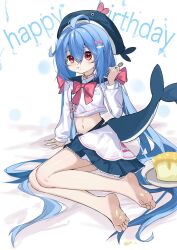 Rule 34 | 1girl, ahoge, arm support, bare legs, bell, blue headwear, blue skirt, blue tail, blush, bow, bowtie, cake, cetacean tail, collared shirt, cropped shirt, eating, feet, fins, fish tail, food, food on body, full body, hair between eyes, hair bow, hair ornament, hand up, highres, holding spork, kakyouin2002, legs, long hair, long sleeves, midriff, miniskirt, navel, neck bell, on ground, original, pink bow, pink bowtie, plate, pleated skirt, red eyes, sailor collar, shirt, sitting, skirt, soles, solo, spork, tail, thighs, toes, very long hair, yokozuwari