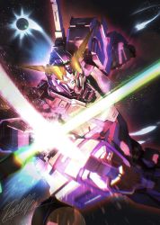 Rule 34 | beam saber, funnels (gundam), glowing, glowing eyes, green eyes, gundam, gundam unicorn, holding, holding sword, holding weapon, mecha, mobile suit, no humans, nt-d, robot, science fiction, solo, space, sword, sword clash, totthii0081, unicorn gundam, v-fin, weapon