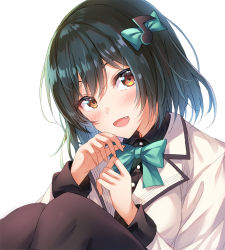 Rule 34 | 1girl, :d, black pantyhose, blazer, blush, bow, bowtie, close-up, dark green hair, fang, fingernails, fortissimo, green bow, green bowtie, hair ornament, jacket, looking at viewer, love live!, mifune shioriko, musical note, musical note hair ornament, open mouth, orange eyes, pantyhose, school uniform, short hair, simple background, sitting, smile, solo, swept bangs, tomo wakui, white jacket