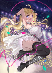 Rule 34 | 1girl, :d, absurdres, ahoge, animal ears, armpits, arms up, belt, black footwear, black thighhighs, blonde hair, blush, bow, breasts, commentary request, confetti, dress, full body, glowstick, hair bow, hair ornament, hairclip, highres, holding, holding microphone, hololive, horns, juu p, large breasts, legs up, long hair, looking at viewer, microphone, midair, open mouth, purple eyes, sheep ears, sheep girl, sheep horns, short dress, sleeveless, sleeveless dress, smile, solo, stage, sweat, thigh strap, thighhighs, tsunomaki watame, tsunomaki watame (watame night fever!!), virtual youtuber, white belt, white dress