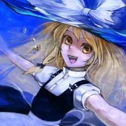 Rule 34 | 1girl, :d, blonde hair, dress, female focus, flat chest, hair ribbon, hat, hat ribbon, kirisame marisa, looking at viewer, open mouth, outstretched arms, puffy sleeves, ribbon, smile, solo, teeth, touhou, underwater, water, witch hat, xero, yellow eyes