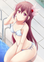 Rule 34 | 1girl, adjusting hair, bare shoulders, between legs, bikini, blush, closed mouth, crescent, crescent pin, day, hair between eyes, hair ornament, hand between legs, highres, kantai collection, kisaragi (kancolle), kisaragi kai ni (kancolle), long hair, looking at viewer, minakami mimimi, navel, outdoors, partially submerged, pool, poolside, purple eyes, purple hair, sidelocks, sitting, smile, solo, stomach, swimsuit, white bikini