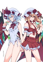 Rule 34 | 2girls, absurdres, bat wings, bikini, bikini skirt, blue hair, bow, breasts, cameltoe, candy, cleavage, closed eyes, collarbone, covered navel, detached collar, fangs, flandre scarlet, food, frilled bikini, frilled skirt, frills, hat, hat ribbon, highres, himadera, holding hands, leotard, lollipop, looking away, midriff, mob cap, multiple girls, neck ribbon, red bikini, red bow, red eyes, red nails, red ribbon, remilia scarlet, ribbon, short hair, siblings, sisters, skirt, small breasts, swimsuit, thighs, touhou, white headwear, white leotard, wings