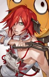 Rule 34 | 1girl, a.b.a, absurdres, bags under eyes, bandages, blood, blood on clothes, chain, green eyes, grey background, guilty gear, guilty gear xx, hair over one eye, highres, key, key in head, looking at viewer, object through head, orange hair, paracelsus (guilty gear), parted lips, red hair, short hair, simple background, uncle rabbit ii, upper body