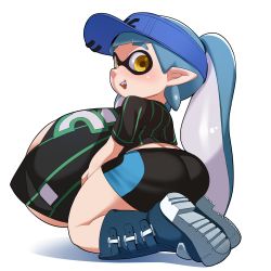 Rule 34 | 1girl, :d, absurdres, ass, bike shorts, black shorts, blue footwear, blue hair, blue hat, blush, boots, breasts, breasts on lap, eyebrows, female focus, from behind, full body, gigantic breasts, hat, highres, inkling player character, long hair, looking at viewer, looking back, naze, nintendo, open mouth, oppai loli, pointy ears, ponytail, seiza, shadow, shirt, shoe soles, short sleeves, shorts, simple background, sitting, smile, solo, splatoon (series), striped clothes, striped shirt, teeth, tentacle hair, underboob, upper teeth only, vertical-striped clothes, vertical-striped shirt, visor cap, white background, yellow eyes