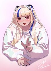 Rule 34 | 1girl, akina bbw, artist name, black horns, black nails, blonde hair, blue hair, blunt bangs, blush, breasts, commentary request, gradient background, hair on horn, head tilt, highres, hood, hoodie, horns, large breasts, long hair, long sleeves, looking at viewer, nail polish, open hand, open mouth, original, pink background, pink eyes, plump, red lips, shadow, slit pupils, solo, tsurime, twitter username, upper body, white background, white horns