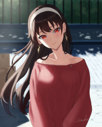 Rule 34 | 1girl, absurdres, bare shoulders, black hair, blush, box, breasts, closed mouth, collarbone, earrings, floating hair, gold earrings, hair down, hairband, head tilt, highres, jewelry, long hair, looking at viewer, off-shoulder sweater, off shoulder, outdoors, peacewalker, red eyes, red sweater, signature, smile, solo, spy x family, straight hair, sweater, upper body, white hairband, yor briar
