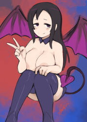Rule 34 | 1girl, areola slip, artist logo, bat wings, boots, breasts, closed mouth, collar, demi-chan wa kataritai, demon girl, demon tail, detached collar, expressionless, eyebrows, feet out of frame, female focus, hand on own knee, hand up, hatsu (hatsumiilkshake), huge breasts, knees together feet apart, knees up, long hair, looking at viewer, no nose, purple collar, purple eyes, purple footwear, purple shorts, satou sakie, shorts, sitting, smile, smug, solo, tail, thigh boots, topless, v, wings