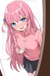 Rule 34 | 1girl, black skirt, blue eyes, blush, bocchi the rock!, commentary, cube hair ornament, gotoh hitori, hair between eyes, hair ornament, hand up, highres, hitsukuya, jacket, long sleeves, looking at viewer, nervous smile, nose blush, one side up, pink hair, pink jacket, pleated skirt, skirt, sleeves past wrists, smile, solo, sweat, unfinished, sketch background