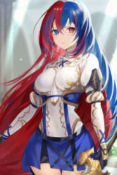 Rule 34 | 1girl, alear (female) (fire emblem), alear (fire emblem), armor, blue eyes, blue hair, braid, breasts, crossed bangs, crown braid, fire emblem, fire emblem engage, gloves, haru (nakajou-28), heterochromia, highres, jewelry, liberation (fire emblem), long hair, looking at viewer, medium breasts, multicolored hair, nintendo, red eyes, red hair, revision, solo, sword, two-tone hair, very long hair, weapon