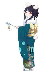 Rule 34 | 1girl, arrow (projectile), artist request, black hair, rabbit tail, character request, full body, furisode, highres, holding, japanese clothes, kimono, long hair, obi, official art, red eyes, sandals, sash, simple background, solo, tabi, tail, updo, white background, youkai hyakki-tan!
