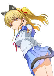 Rule 34 | 1girl, angel beats!, animal ear fluff, animal ears, artist name, blonde hair, blue sailor collar, blue skirt, blunt bangs, blunt ends, breasts, cat ears, cat tail, closed mouth, commentary request, cowboy shot, dutch angle, earpiece, expressionless, fake animal ears, fake tail, hair ribbon, hand up, highres, long sleeves, looking at viewer, medium breasts, miniskirt, neckerchief, orange eyes, pink neckerchief, pleated skirt, red ribbon, ribbon, sailor collar, satomi yoshitaka, shinda sekai sensen uniform, shirt, sidelocks, simple background, skirt, solo, standing, tail, twintails, white background, white shirt, yusa (angel beats!)