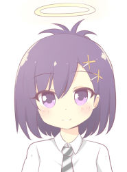 Rule 34 | 1girl, asymmetrical bangs, blush, closed mouth, commentary, dot nose, gabriel dropout, hair bun, hair ornament, hairclip, halo, ikazu401, irony, looking at viewer, necktie, purple eyes, purple hair, shirt, short hair, simple background, single hair bun, smile, solo, vignette tsukinose april, white background, white shirt