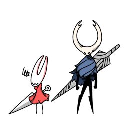 Rule 34 | 1girl, 1other, aged up, annoyed, arms at sides, arthropod girl, averting eyes, black eyes, black skin, blank eyes, blue cloak, clenched hands, cloak, closed eyes, colored skin, full body, furrowed brow, height conscious, height difference, hollow knight, hornet (hollow knight), knight (hollow knight), looking at another, nail (hollow knight), needle (hollow knight), red cloak, sakana 2-gou, simple background, squiggle, standing, weapon, weapon on back, white background