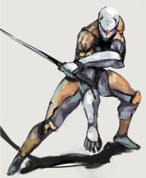 Rule 34 | 1boy, cyborg, glowing, gray fox, male focus, mask, metal gear (series), metal gear solid, ninja, ogros, simple background, solo, sword, weapon