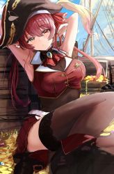 Rule 34 | 1girl, amefukura art, ascot, black hat, black thighhighs, blouse, breasts, cleavage, commentary request, gold trim, hat, heterochromia, highres, hololive, houshou marine, looking at viewer, medium breasts, red ascot, red hair, red shirt, see-through, see-through cleavage, shirt, solo, thighhighs, virtual youtuber
