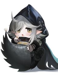 Rule 34 | 1girl, ahoge, arknights, black cape, blush, cape, chibi, crocodilian tail, dokomon, food, food on face, gloves, goggles, goggles around neck, grey gloves, grey hair, highres, holding, holding food, hood, hood up, hooded cape, open mouth, partially fingerless gloves, pointy ears, popcorn, shadow, sidelocks, simple background, sitting on own tail, solo, tail, tomimi (arknights), white background, yellow eyes