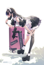 Rule 34 | 1girl, apron, bandages, black hair, breasts, fukai ryosuke, highres, holding, holding weapon, legwear garter, long hair, looking at viewer, maid, maid apron, maid headdress, mask, medium breasts, mouth mask, original, platform footwear, red eyes, simple background, solo, suitcase, thighhighs, weapon