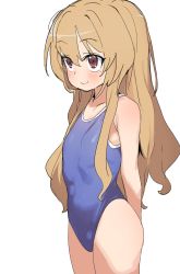 Rule 34 | 1girl, absurdres, aisaka taiga, arms behind back, blue one-piece swimsuit, blush, brown eyes, brown hair, closed mouth, dorontabi, highres, long hair, looking to the side, one-piece swimsuit, school swimsuit, simple background, smile, solo, standing, swimsuit, toradora!, white background