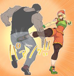 Rule 34 | 1boy, 1girl, arms (game), ball busting, bdsm, beanie, blonde hair, breasts, cbt, crotch kick, green eyes, hat, highres, kicking, leggings, mask, min min (arms), muscular, muscular male, orange shorts, shoes, short hair, shorts, simple background, sneakers, spacezin, thick thighs, thighs