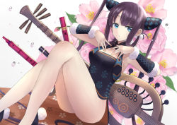 Rule 34 | 1girl, asagi futsuka, bare shoulders, black dress, blue eyes, blunt bangs, breasts, china dress, chinese clothes, cleavage, detached sleeves, dress, fate/grand order, fate (series), floral print, flower, flute, hair ornament, hands on own chest, highres, instrument, knees up, large breasts, long hair, looking at viewer, open mouth, pipa (instrument), purple hair, sidelocks, simple background, sitting, solo, thighs, twintails, very long hair, white background, yang guifei (fate), yang guifei (second ascension) (fate)