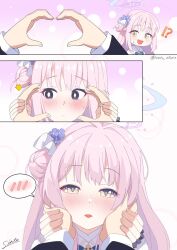 Rule 34 | !?, 1boy, 1girl, 3koma, :d, blue archive, blush, capelet, comic, commentary request, eyes visible through hair, flower, hair between eyes, hair bun, hair flower, hair ornament, halo, hands on another&#039;s cheeks, hands on another&#039;s face, highres, holding hands, long hair, long sleeves, looking at viewer, meme, mika (blue archive), one side up, open mouth, out of frame, parted lips, pink hair, pov, pov hands, school uniform, sensei (blue archive), sidelocks, silent comic, single side bun, sinto(niioka shintaro), smile, snoot challenge, spoken blush, sweatdrop, twitter username, yellow eyes