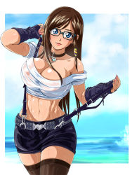 Rule 34 | 1girl, bare shoulders, black thighhighs, blue eyes, blush, breasts, brown hair, choker, cleavage, covered erect nipples, dead or alive, dead or alive 5, fingerless gloves, glasses, gloves, heart, kokoro (doa), large breasts, long hair, looking at viewer, midriff, miniskirt, nail polish, navel, nipples, ocean, off shoulder, pink nails, raburebo, see-through, shirt, skirt, solo, suspenders, thighhighs, water, wet, wet clothes, wet shirt, wet skirt