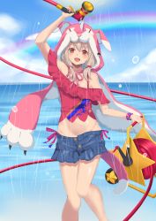Rule 34 | 1girl, :d, absurdres, animal ears, animal hood, arm up, bare shoulders, blue shorts, blue sky, blush, brown hair, commentary request, day, fake animal ears, fate/grand order, fate (series), gekka (luna gekka), groin, hair between eyes, hair ornament, hair scrunchie, highres, holding, hood, hood up, horizon, hose, illyasviel von einzbern, illyasviel von einzbern (swimsuit archer), illyasviel von einzbern (swimsuit archer) (first ascension), long hair, looking at viewer, low twintails, ocean, off-shoulder shirt, off shoulder, open mouth, outdoors, rainbow, red eyes, red scrunchie, red shirt, scrunchie, shirt, short shorts, shorts, sky, smile, solo, standing, star (symbol), twintails, water