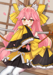 Rule 34 | 1girl, absurdres, animal ear fluff, animal ears, bare shoulders, black skirt, bow, braid, breasts, fate/samurai remnant, fate (series), fox ears, fox girl, fox tail, hair between eyes, hair bow, highres, japanese clothes, katana, kimono, long hair, looking at viewer, mikon (nicknqme), obi, off shoulder, open mouth, pantyhose, pink hair, sash, sidelocks, sitting, skirt, small breasts, smile, solo, sword, tail, tamamo (fate), tamamo aria (fate), thighs, twintails, weapon, white pantyhose, wide sleeves, yellow bow, yellow eyes, yellow kimono