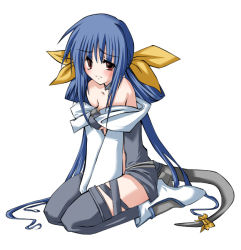Rule 34 | 1girl, arc system works, bare shoulders, blue hair, breasts, choker, cleavage, collarbone, dizzy (guilty gear), dress, frown, full body, guilty gear, hair ribbon, long hair, medium breasts, red eyes, ribbon, seiza, shoes, simple background, sitting, solo, tail, thighhighs, twintails, very long hair, white background