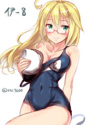 Rule 34 | 10s, 1girl, ahoge, alternate hairstyle, arm behind back, blonde hair, breasts, character name, covering breasts, covering privates, german text, glasses, hand on back, hat, i-8 (kancolle), ichikawa feesu, kantai collection, long hair, looking at viewer, medium breasts, one-piece swimsuit, peaked cap, school swimsuit, smile, solo, submarine, swimsuit, twitter username, watercraft, white background