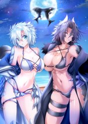 Rule 34 | 2girls, absurdres, anchor symbol, anger vein, bare shoulders, beach, bikini, black bikini, black hair, blue eyes, blush, breast press, breasts, character request, claws, cleavage, cloud, collarbone, colored eyelashes, commentary request, cowboy shot, crosscounter, dark-skinned female, dark skin, dragon girl, dragon horns, dragon tail, face punch, full moon, g (genesis1556), gluteal fold, groin, hair between eyes, hand on own hip, heterochromia, highres, horns, in the face, jacket, kiseru, large breasts, layered bikini, long hair, looking at viewer, midriff, monster girl, moon, multi-strapped bikini, multiple girls, navel, night, night sky, ocean, off-shoulder jacket, off shoulder, orca, original, outdoors, parted bangs, parted lips, pipe in mouth, punching, red eyes, rio (g (genesis1556)), ryuuga (g (genesis1556)), scales, scar, scar on chest, scar on face, scar on nose, shark, short hair, sidelocks, silver hair, skindentation, sky, smoking pipe, standing, star (sky), starry sky, swimsuit, tail, thigh strap, tsubasa ryuuji, underboob, whale, white bikini, white jacket, yellow eyes