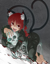 Rule 34 | 1girl, :p, animal ears, barefoot, blood, braid, cat ears, cat tail, dress, dutch angle, fangs, feet, fingernails, green dress, grey background, hair ribbon, highres, juliet sleeves, kaenbyou rin, kokko361, licking, long sleeves, looking at viewer, lying, multiple tails, nail polish, on stomach, puffy sleeves, red eyes, red hair, red nails, ribbon, sharp fingernails, short hair, skeleton, solo, tail, toenails, tongue, tongue out, touhou, twin braids, two tails