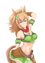 Rule 34 | 1girl, absurdres, animal ears, aonoji, arm up, armband, bandana, bandeau, bare shoulders, belt, bikini, bikini under clothes, blue eyes, breasts, brown belt, brown gloves, brown hair, cleavage, commentary request, cowboy shot, detached sleeves, front-tie top, gloves, green armband, green skirt, groin, gun, hair ornament, handgun, highres, holster, holstered, horse ears, horse tail, large breasts, long hair, looking at viewer, midriff, miniskirt, navel, partial commentary, ponytail, revolver, short sleeves, simple background, skirt, skirt set, smile, solo, standing, star (symbol), star hair ornament, stomach, strapless, swimsuit, taiki shuttle (umamusume), tail, tube top, umamusume, weapon, white background