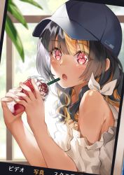 Rule 34 | 1girl, bare shoulders, black hair, blonde hair, blush, commentary request, drink, fatal twelve, hair between eyes, hair ornament, hat, holding, long hair, looking at viewer, multicolored hair, open mouth, peaked cap, red eyes, shio kouji (shiokojii), shirt, solo, two-tone hair, white shirt
