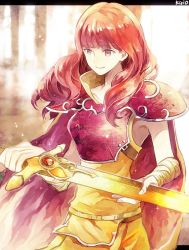 Rule 34 | 1girl, armor, artist name, bad id, bad twitter id, bandages, bandaged arm, bandages, breastplate, celica (fire emblem), closed mouth, fire emblem, fire emblem echoes: shadows of valentia, fire emblem gaiden, fire emblem heroes, holding, holding sword, holding weapon, long hair, nintendo, okii, red eyes, red hair, shoulder armor, solo, sword, weapon