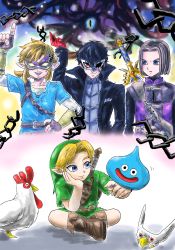 Rule 34 | amamiya ren, bird, black hair, blonde hair, blue eyes, brown hair, cape, chicken, crossover, dragon quest, dragon quest xi, dual persona, earrings, fingerless gloves, gloves, hero (dq11), highres, jewelry, kicdon, link, looking at viewer, male focus, mask, multiple boys, nintendo, pants, persona, persona 5, plaid, plaid pants, pointy ears, ponytail, red eyes, red gloves, slime (creature), slime (dragon quest), smile, super smash bros., sword, the legend of zelda, the legend of zelda: breath of the wild, the legend of zelda: majora&#039;s mask, the legend of zelda: ocarina of time, tunic, weapon, young link