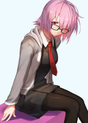 Rule 34 | 1girl, black-framed eyewear, black dress, blue background, brown pantyhose, closed mouth, collared shirt, commentary, dress, eyes visible through hair, fate/grand order, fate (series), from side, glasses, highres, hood, hooded jacket, jacket, kotoribako, long sleeves, looking at viewer, looking to the side, mash kyrielight, necktie, open clothes, open jacket, pantyhose, purple eyes, purple hair, red necktie, shirt, short dress, short hair, simple background, sitting, smile, solo, wing collar