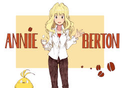 Rule 34 | 1girl, :d, annie berton, bird, blonde hair, blush, brown eyes, brown pants, character name, collarbone, commentary, cup, feet out of frame, hand up, holding, holding cup, long hair, long sleeves, looking at viewer, matsuda (matsukichi), open mouth, original, pants, shirt, simple background, smile, standing, teacup, tori (matsuda (matsukichi)), white background, white shirt, wing collar