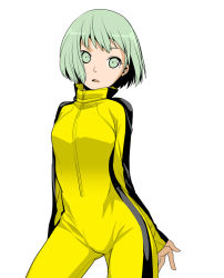 Rule 34 | 10s, 1girl, blonde hair, bruce lee&#039;s jumpsuit, female focus, green eyes, green hair, huang baoling, kikuyarou, matching hair/eyes, open mouth, short hair, simple background, solo, tiger &amp; bunny, white background