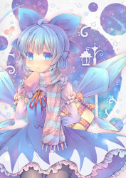 Rule 34 | 1girl, black legwear, blue eyes, blue hair, blush, cirno, coa (chroo x), ice, ice wings, matching hair/eyes, mittens, scarf, solo, touhou, valentine, wings, winter clothes