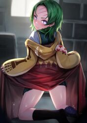 Rule 34 | + +, 1girl, absurdres, blush, commission, earrings, green hair, hakusyokuto, highres, jewelry, long sleeves, looking at viewer, looking back, medium hair, nose blush, parted bangs, puffy long sleeves, puffy sleeves, purple eyes, rinon otometachibana, scar, scar on face, scar on forehead, skeb commission, witch craft works