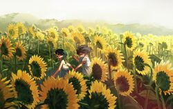 Rule 34 | 2girls, absurdres, black hair, closed eyes, commentary, commentary request, day, dress, english commentary, field, flower, flower field, highres, holding hands, long hair, mixed-language commentary, multiple girls, myango (applemangocrape), open mouth, original, outdoors, short hair, short sleeves, sky, sleeveless, sleeveless dress, smile, sunflower, sunflower field, white dress